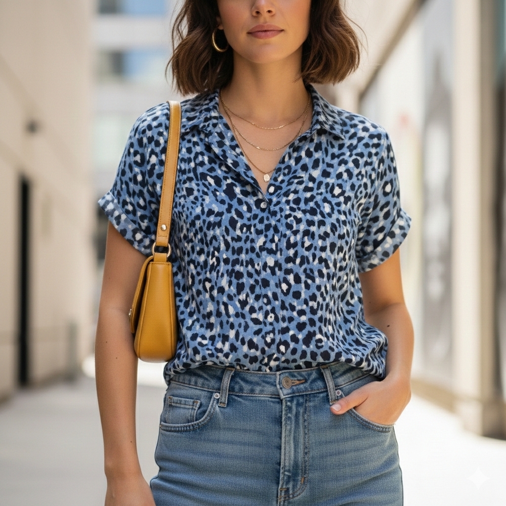 Alexander Jordan Blue Leopard Print Button Down Blouse - Large